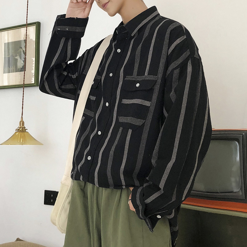 

2021 New Autumn Men's Stripe Printing Leisure Coats Long Sleeve Hawaiian Shirt Clothes French Cuff Mens Brand Fashion Shirts M-2xl Fs63, Navy blue