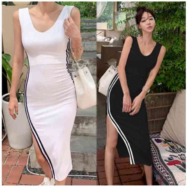 

Summer Midi Dress for women Sleeveless V neck Cotton Ladies Casual Sexy Knit Dresses 210602, Black