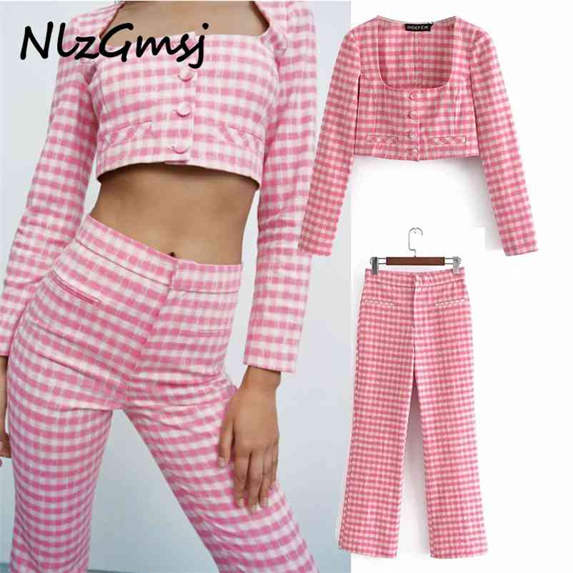 

Two Piece Set Women Spring Blouse+Pant Plaid Print Summer Shirt and Trousers for Sets 05 210628, As picture