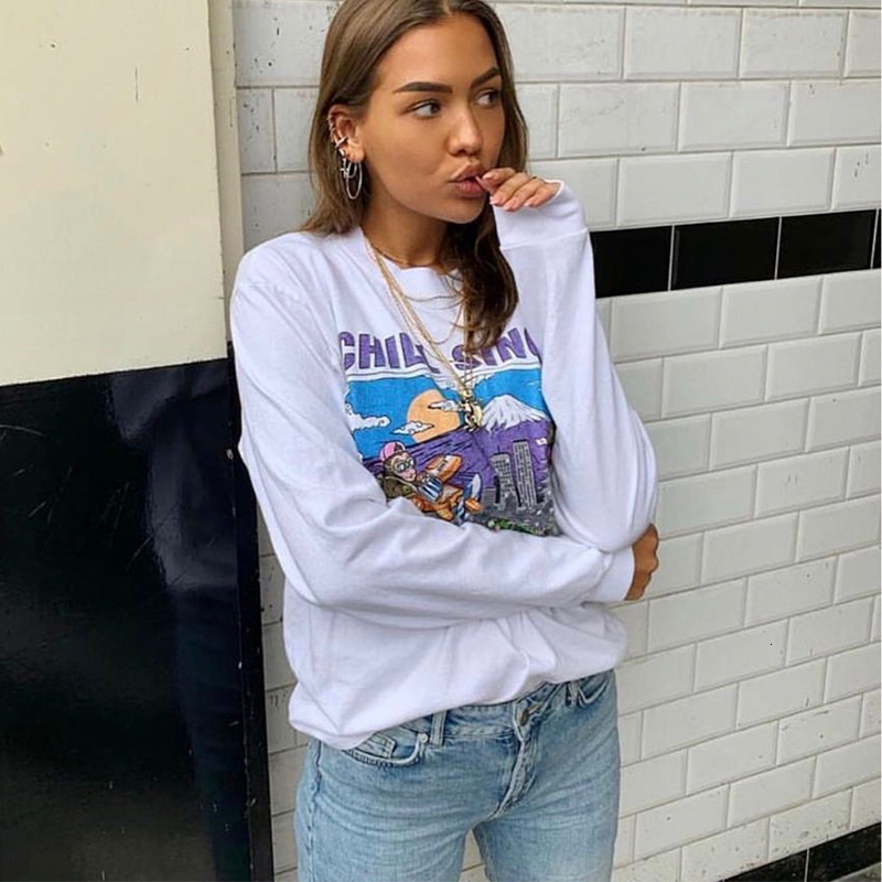 

2021 Cartoon Vintage Letter Printing Sweatshirt Women Cotton O-neck Oversized Loose Winter Clothes Autumn New Fashion Streetwear Om88, White