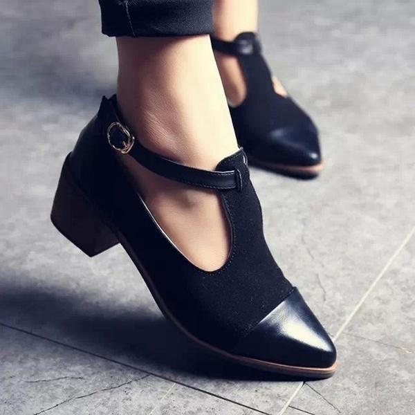 

Dress Shoes Women Fashion Pointed Toe Oxfords British Style Low Heels Patchwork Buckle Oxford Casual Vintage, Black