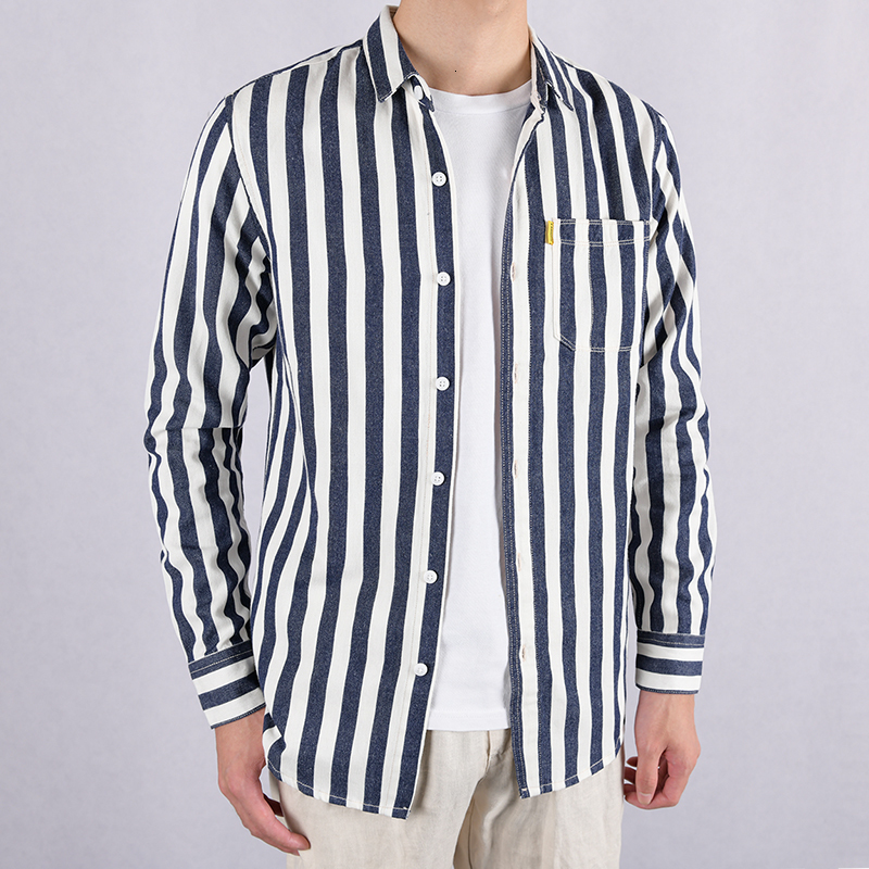 

2021 Japanese Style Trend Long Sleeve Striped Cotton Branded Shirts for Casual Male Stripper Shirt of Comfortable Men Topos E8gi, Black stipe