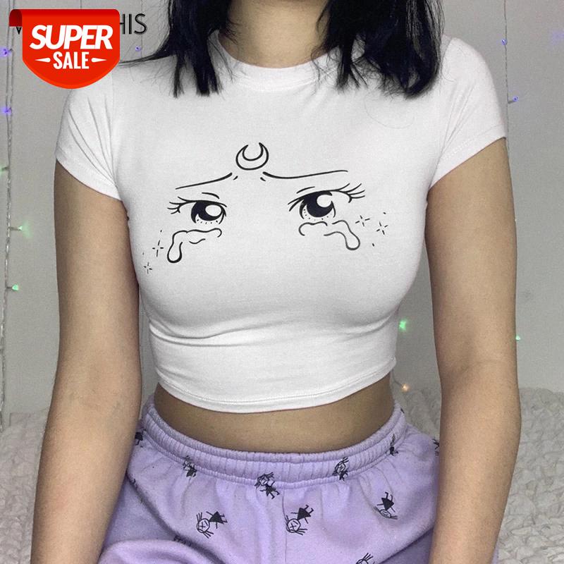 

WannaThis O-Neck Short Sleeve Funny Creativity Print Cropped Shirts Women Slim Elastic White Casual Summer New Crop Tops Ladies #LS0V
