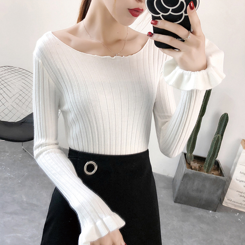 

2021 New Sweater Autumn Fashion Sexy Slash Neck Knitted Pullovers Elegant Slim Fit Flare Sleeve Women 6ujc, 01