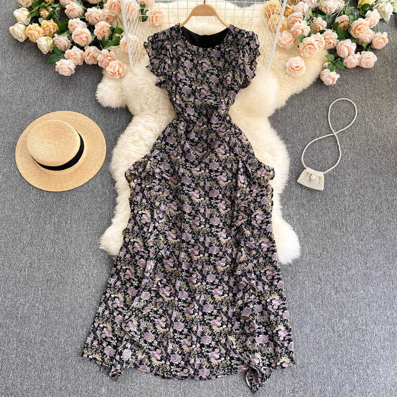 

Bohemian Women Chiffon Long Dress Summer Elegant Round Neck Sleeveless Ruffle High Waist Sleeveless Vestidos Female Beach Robe Y0603, Apricot