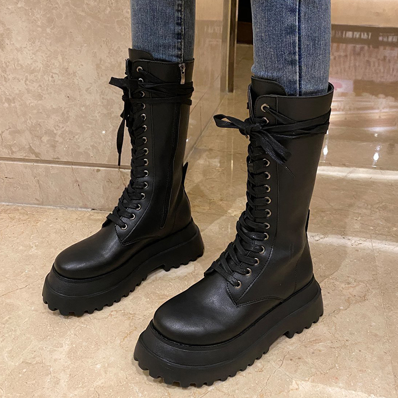 

2021 New Autumn Chunky Women Fashion Lace Up Pu Leather Mid Calf Boots Woman Black Goth Punk Shoes Dfza