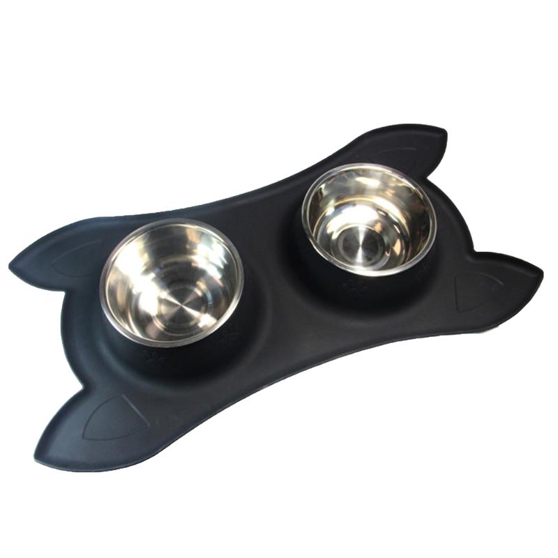 

Cat Bowls & Feeders Dual Stainless Steel Dog Bowl Pet Water Food Feeder (Black) #q6