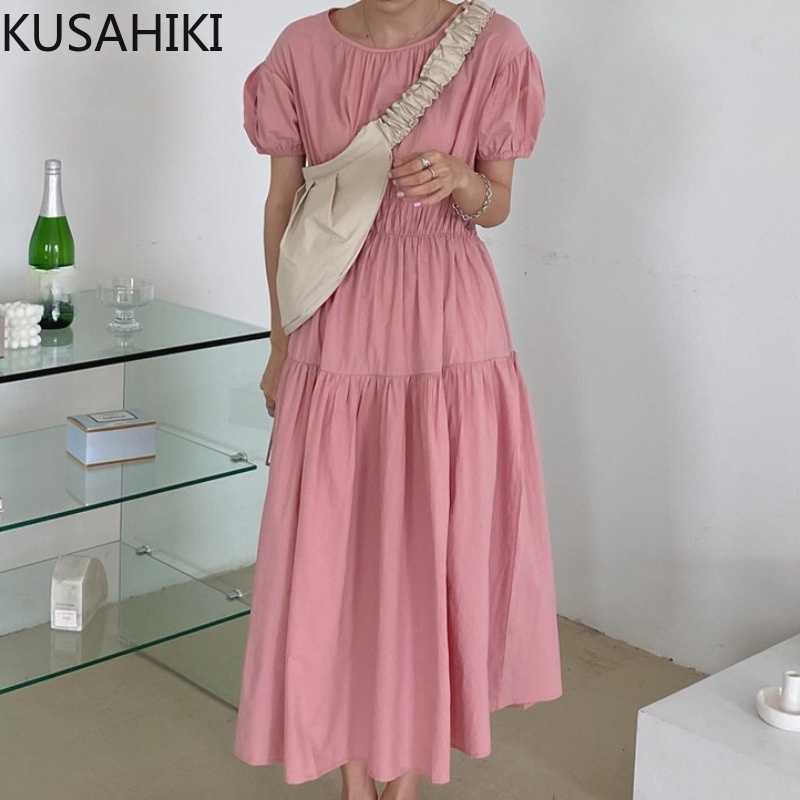 

KUSAHIKI Vintage Folds Dresses for Women Puff Sleeve O-neck Dress Causal Slim High Waist Elegant Vestido De Mujer 6H221 210602, Pink