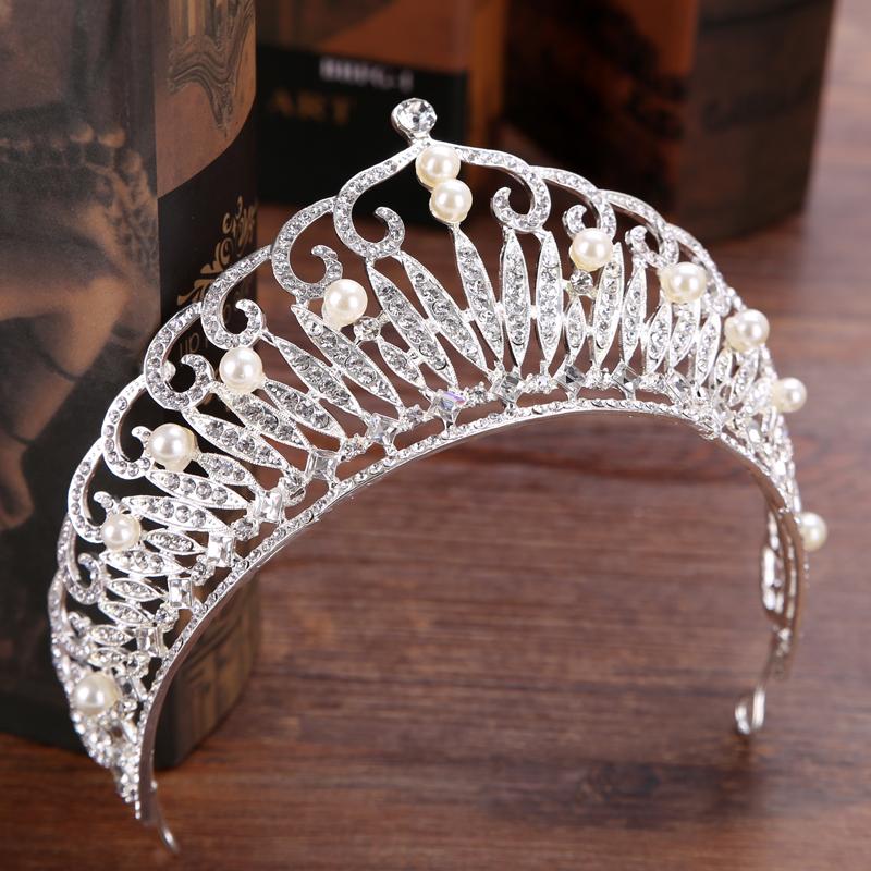 

Hair Clips & Barrettes Trendy Wedding Crown Silver Color Rhinestone Pearl Headdress Bridal Queen Prom Jewelry, Golden;silver