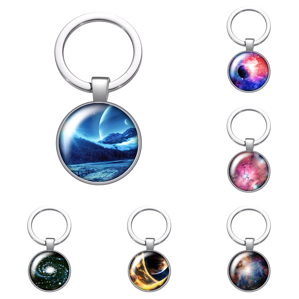 

Out Space Planet Earth Stars Glass Cabochon Keychain Bag Car Key Chain Ring Holder Charms Silver Color Keychains Men Women Gifts