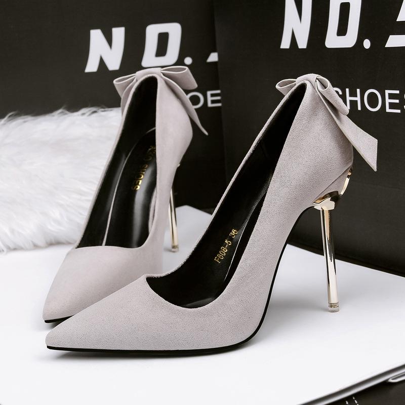 

Dress Shoes 2021 Arrival Korean Concise Pointed Toe Office Bow Women's Fashion Solid Flock Shallow 10CMHigh Heels For Women, Black