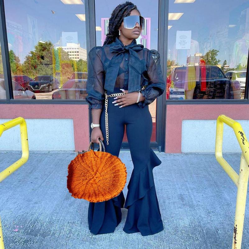 

Women' Two Piece Pants Kiss Me Set Women Autumn Matching Sets Mesh See-Through Long Sleeve Bow Top Bell-Bottom Female Personality, White