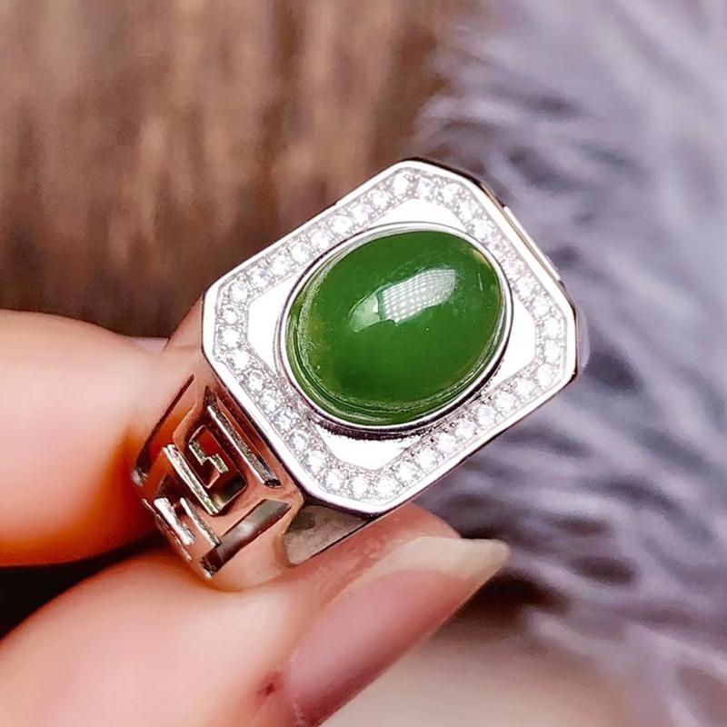 

Cluster Rings Per Jewelry Men Ring Natural Real Green Jade 10*12mm 2.5ct Gemstone 925 Sterling Silver Q20584, Golden;silver