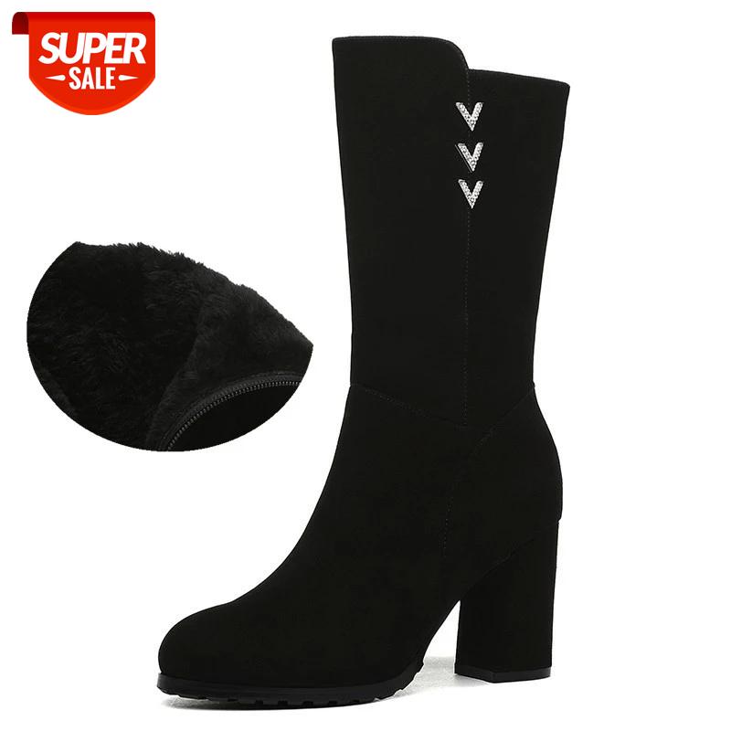 

Women Autumn Winter Black Flock Mid-Calf Boots New Female Fashion High Heel Boots Sexy Platform Casual Plush Warm Lady Shoes #TO0Y
