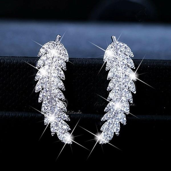 

Stud Silver Color Gold Cute Feather With Bling Zircon Stone For Women Earrings Fashion Jewelry Korean 2022, Golden;silver