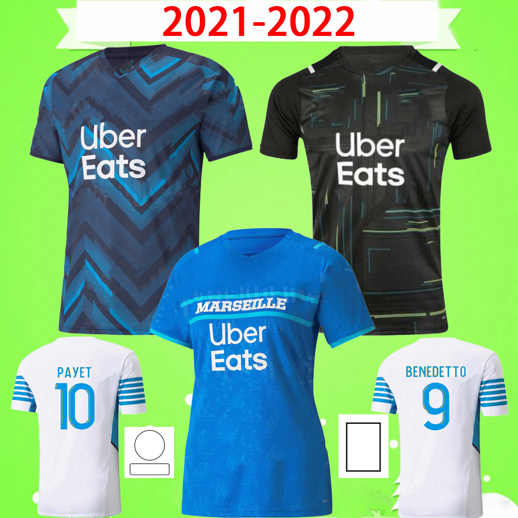 

21 22 Olympique De Marseille soccer jerseys 2021 2022 OM MILIK maillot foot CUISANCE BENEDETTO KAMARA football shirt THAUVIN PAYET goalkeeper away black home white