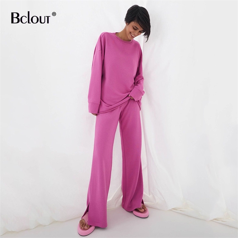 

Bclout Long Sleeve Sweatshirt Slit Pants Casual 2 Piece Set Women Autumn O Neck Sweatshirt Elastic Waist Trouser Pink Suits 211109, Blue