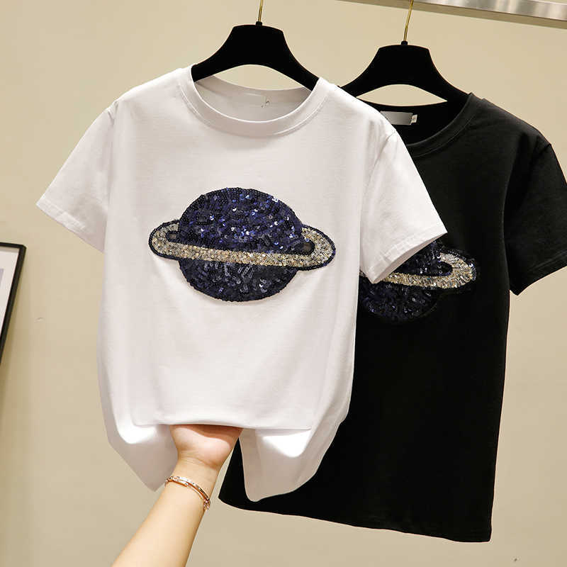 

Cotton White Tshirt Women Tops Sequin Fashion Short Sleeve Vintage Female T-shirt Casual Black Tee Shirt Femme Summer 210604