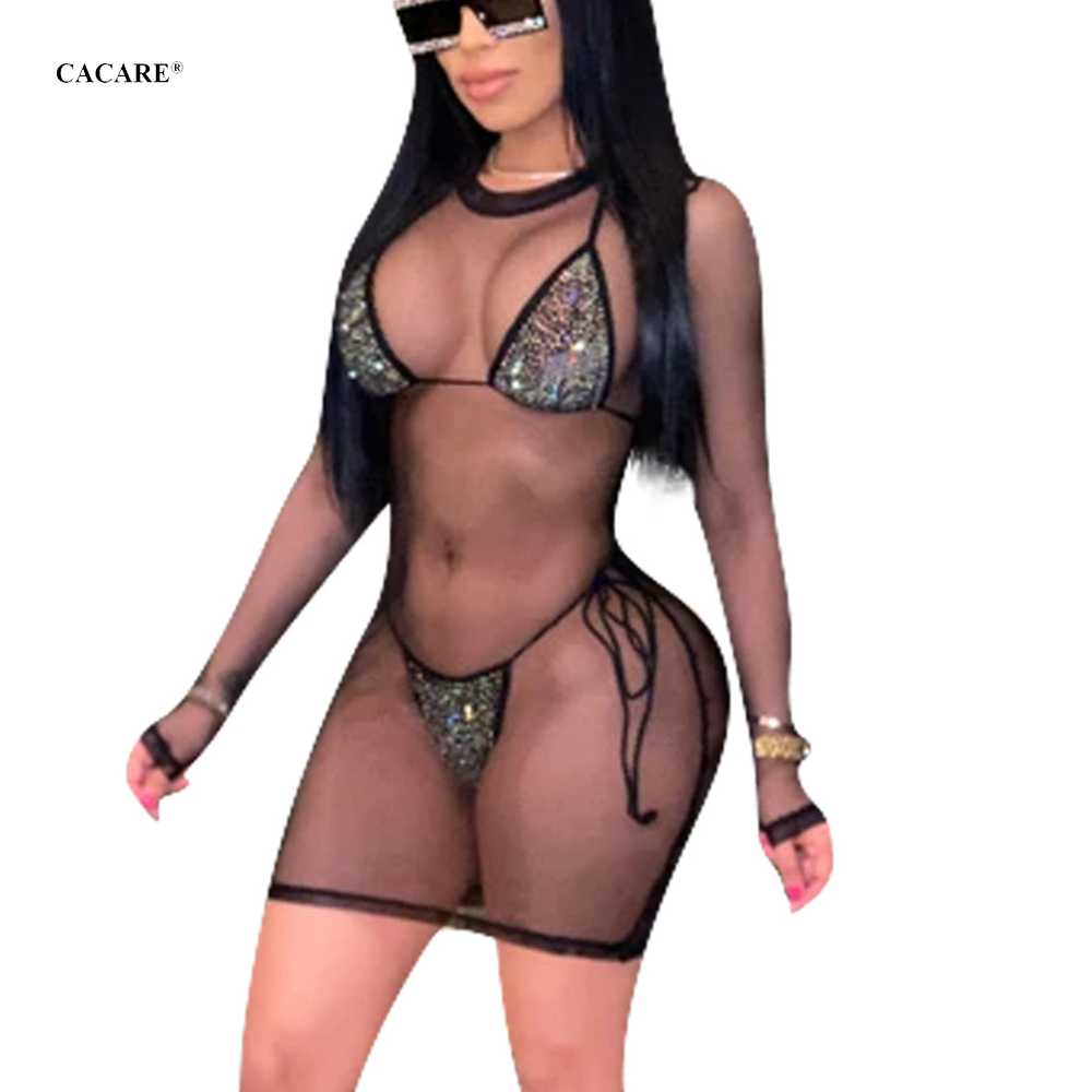 Sexy Bikini Swimwear Set 3 Pieces Swimsuit Beach Sets Swimming Suit F0044 Rhinestones Inner with Mesh Dress Striped Swim Wear-image-408069078