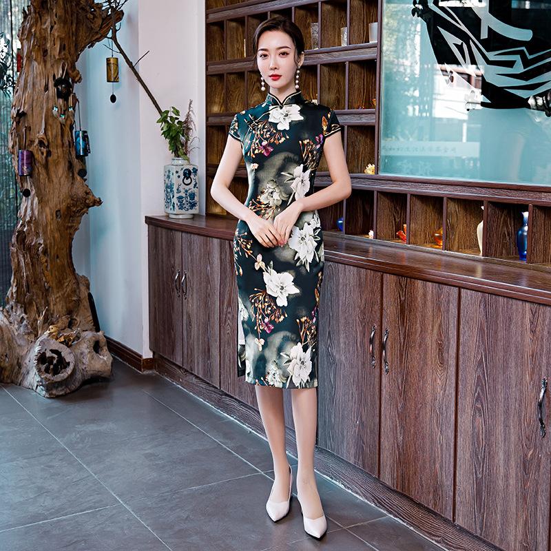 

Ethnic Clothing Satin Cheongsam Dresses 2021 Vintage Dress Slim Qipao Women Print Split Formal Oversize M-4XL