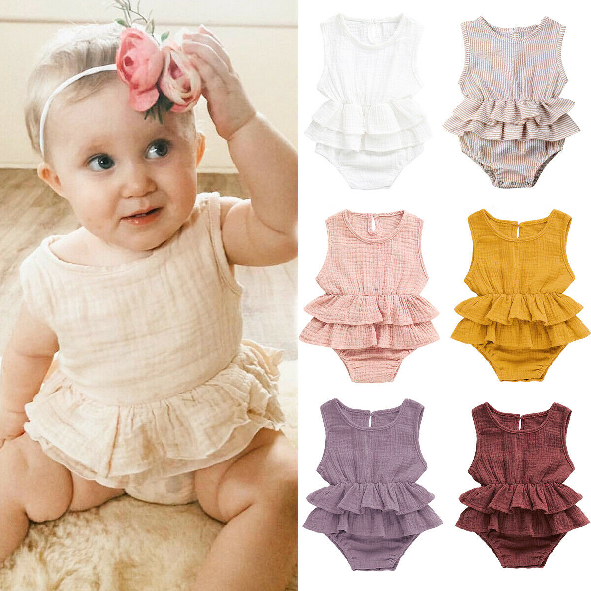 

Solid Newborn Kid Baby Girl Clothes Sleeveless Romper Tutu Dress 1PC Sunsuit Outfit, Beige