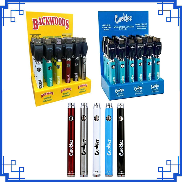 

Original Cookies Backwoods Twist Pre-heating VV Battery 900mAh Bottom Voltage Adjustable Usb Charger Vape Pen For 510 Cartridges 30Pcs A Display Box