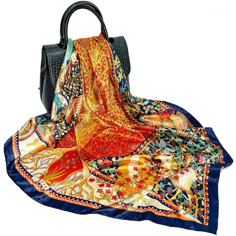 

Scarves Silk Scarf Female Spring/summer 2021 Fortune Tree Print Big Square Retro Satin Turban Shawl