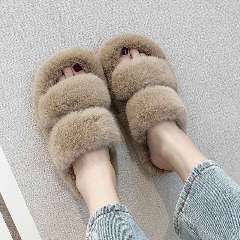 

202 New Women Fur Slippers Winter Slides Fluffy Furry Woman Shoes Khaki Woman Flip Flops Home Slippers Hot Ladies Plush Shoes