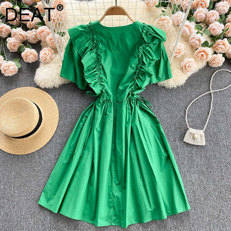 

DEAT Women Ruffles 11D1300 Dress V- Neck Short Sleeve Arrivals Lady Temperament Fashion Spring Summer 11D1300 210709, White