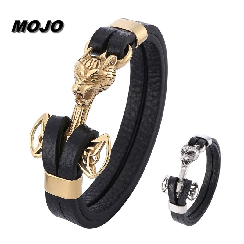 

Men Favorite Gift Stainless Steel Wolf Anchor Charm Bracelet Black Leather Bracelets Jewelry