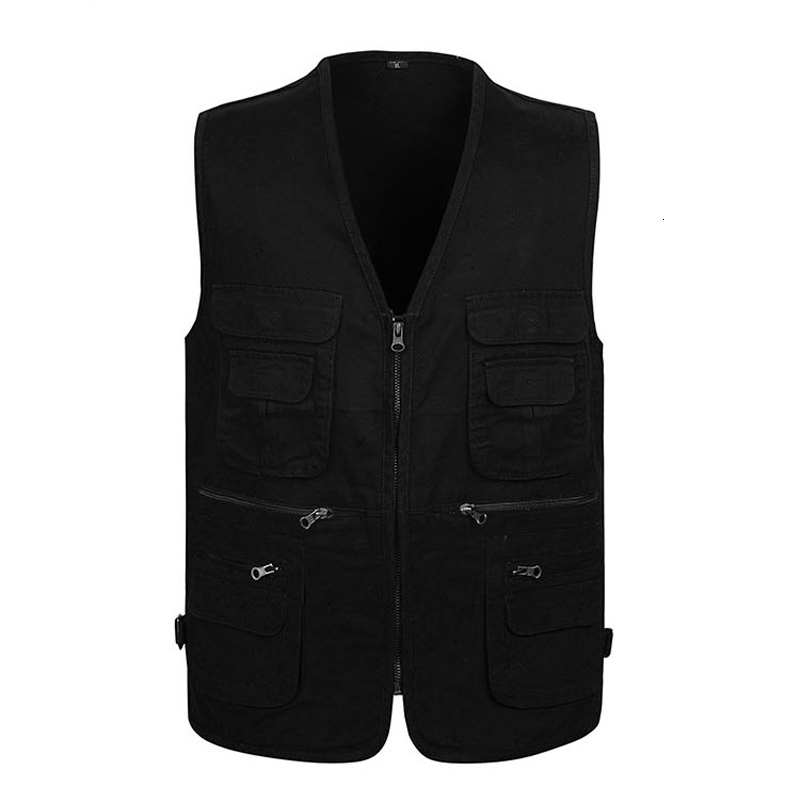 

2021 New Cotton Varsity Vest with Many Pockets for Men Spring Summer Casual Tool 4 Colors Sleeveless Jacket Male Multi Pocket Waistcoat Cvsn, Black