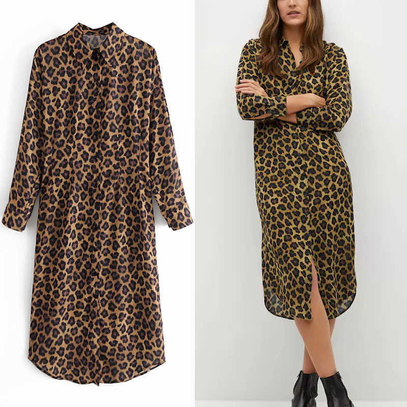 

Za Leopard Print Shirt Dress Women Long Sleeve Vintage Print Midi Dresses Woman Chic Front Button Chiffon Vestidos 210602, As picture