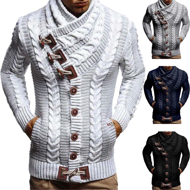 

Autumn Winter Turtleneck Sweater Men Casual Solid Knitted Cardigan Men FullSleeve Slim Mens Oversized Sweaters Coat men, White