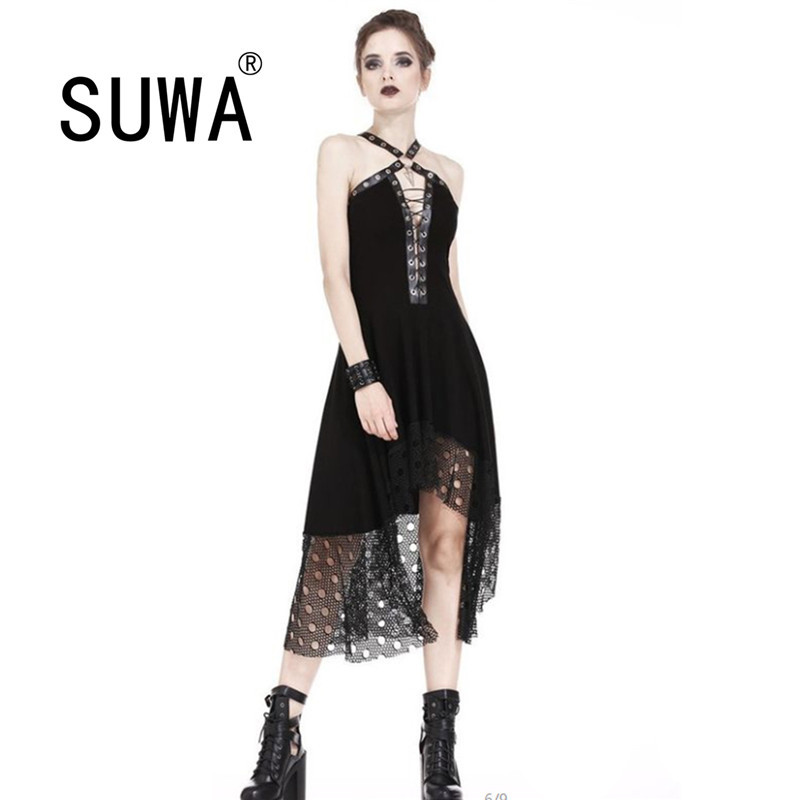 

Cosplay Women Black Lace Dresses Summer Halter Lace-Up Hollow Out Irregular Dress Sexy Nightclub Party Wear Vestidos 210525