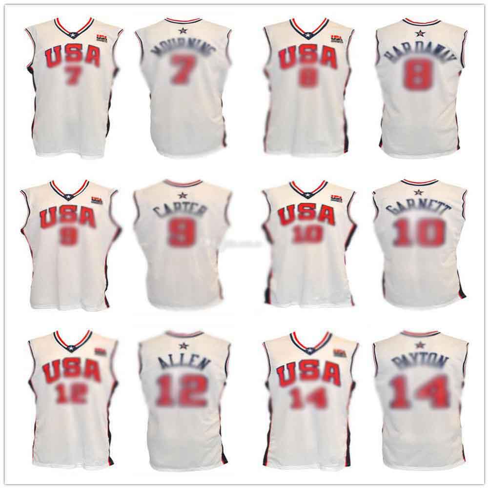 

Alonzo Mourning Tim Hardaway Vince Carter Kevin Garnett Ray # Allen Gary Payton Olympic Basketball Jerseys Stitched White Free Shipping, As show