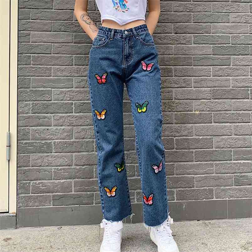 

SHENGPALAE Casual Jeans Woman Long Trousers Cowboy Female Loose Streetwear Butterfly Embroidered Straight Pants ZA4377 210708, Blue