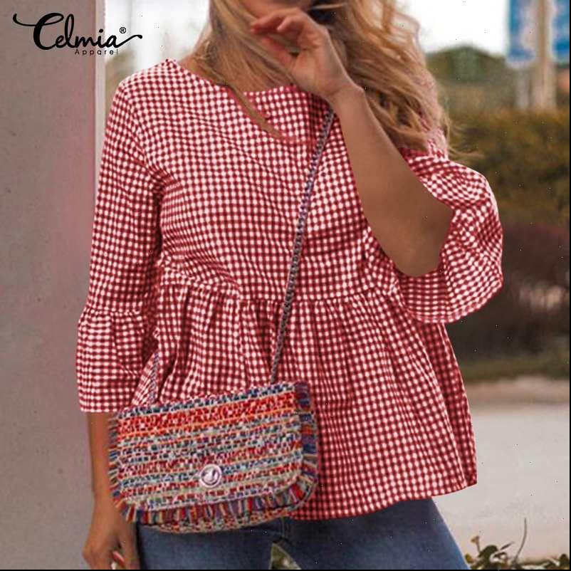 

celmia womens blouses blouse vintage plaid checked shirts fashion 3 4 flare sleeve tunic casual loose pleated work blusas, White