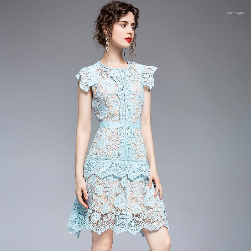

Casual Dresses HANZANGL Lake Blue Lace Hollow Irregular Dress
