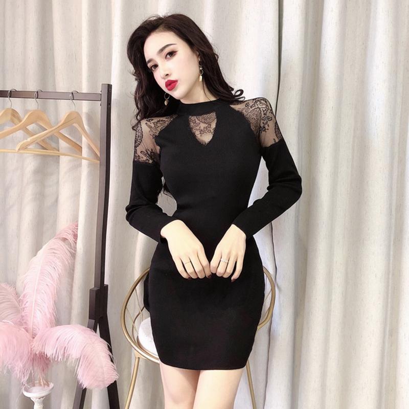 

Casual Dresses Elegant Autumn Long Sleeve Bandage Dress Women Hollow Out Patchwork Lace Women' Clothing Elastic Knitting Cotton Black