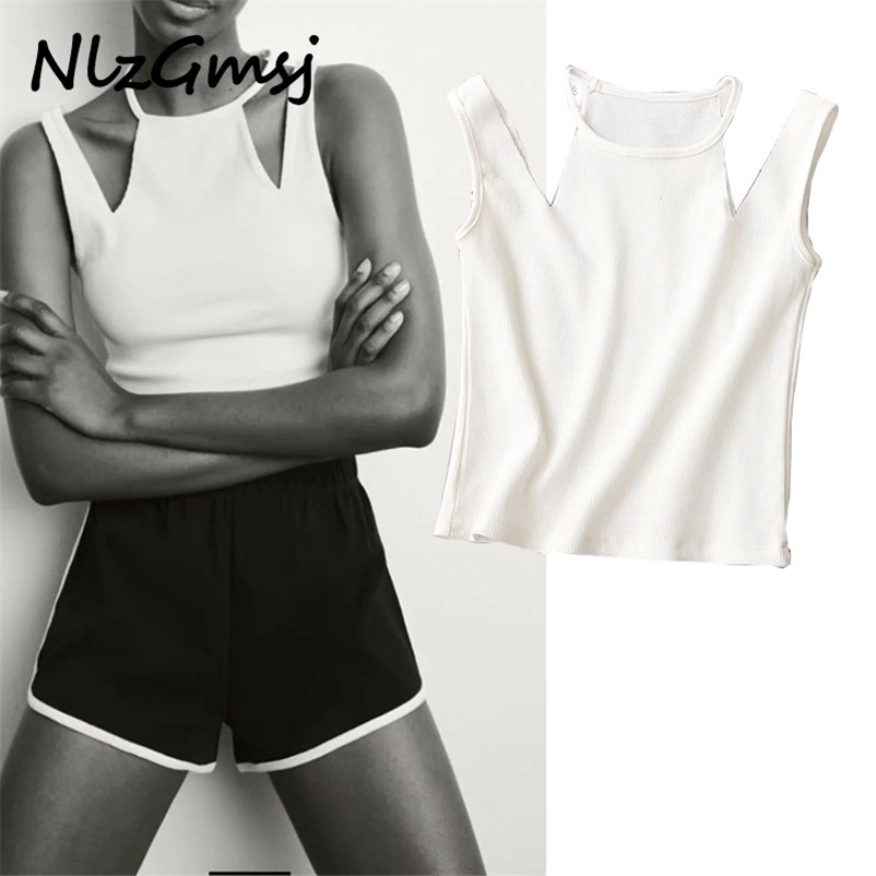 

T shirt Women White Halter Tank Tops Summer Sleeveless Knitted Elastic Slim Hollow Out Top Cropped 04 210628, As picture