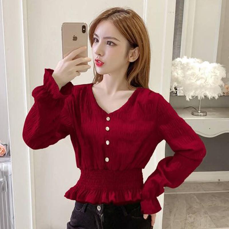 

Women' Blouses & Shirts Trumpet Sleeves Pleated Loose Shirt Female Waist Was Thin V-neck Long Sleeve Single-breasted Chiffon Short Women Sp, Green