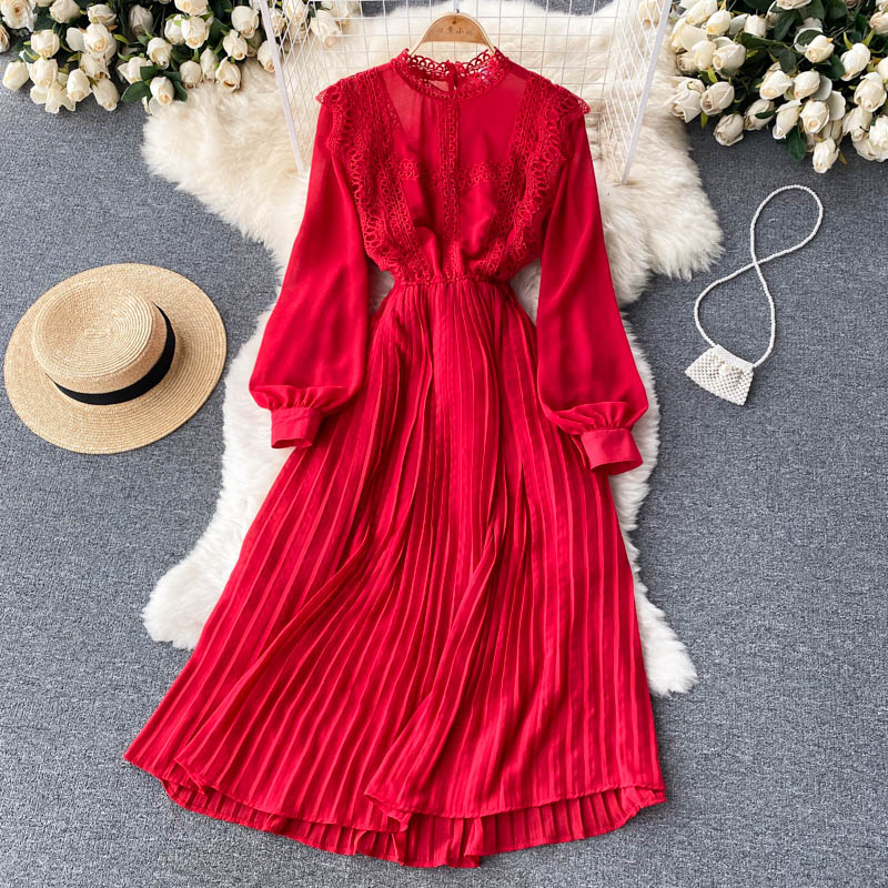 

Vintage Black/Red/Purple Lace Pleated Midi Dress Autumn Elegant O-Neck Puff Long Sleeve High Waist Draped Party Robe Female 2022