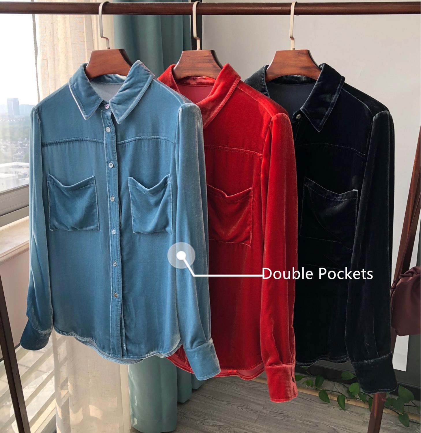 

2021 New Incio Do Outono Feminino Bolsos Duplos Blusa Cor Slida Casual Elegante Manga Longa Solta Turn-down Colarinho Camisas Femininas Pn27, Black