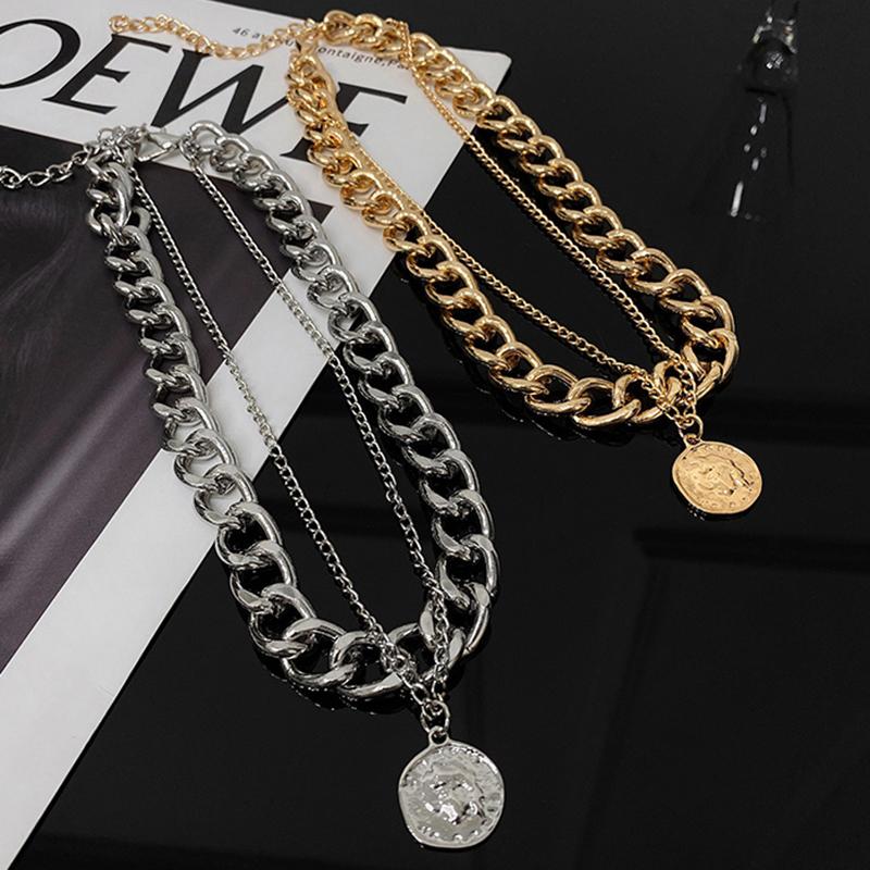 

Chains Punk Retro Portrait Of Exaggerated Thick Chain Necklace Double Personality Hip-hop Neck Short Jewerly TLSM, Silver