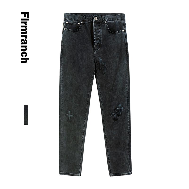 

Men's Jeans Firmranch Leather Black Cross For Men/Women 2021 High Street Chrome Heart Stacked Denim Moto, Blue