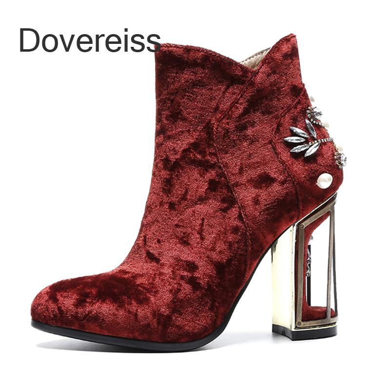 

Boots Winter Woman Fashion Sexy Consice Shoes Zipper Red Pointed Toe Chunky Heels Ankle 42 43, Black