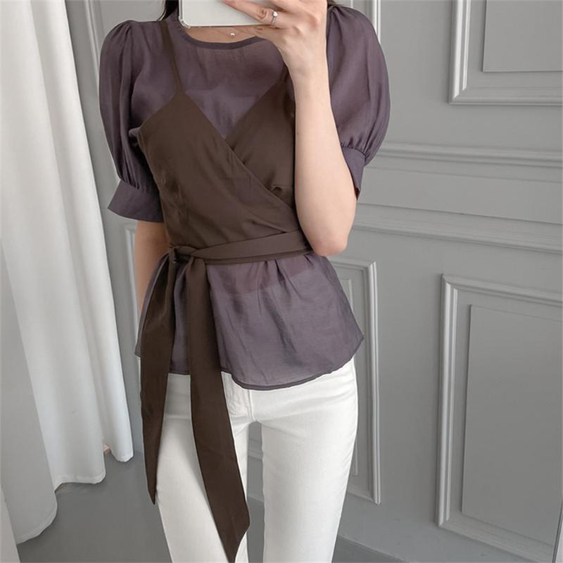 

Women's Blouses & Shirts Alien Kitty Summer Two Piece Sets Puff Sleeves Elegant Thin High Street 2021 OL Slim-Fit All Match Fashion Tank Top, Purple