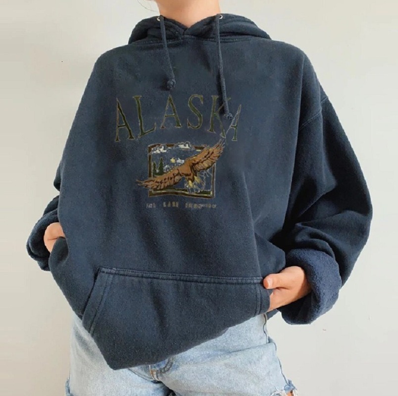 

2021 New Vintage in the Dark Blue Letter Female Impression Casual Fall Oversized Hoodie Fashion Sweatshirt S6fo