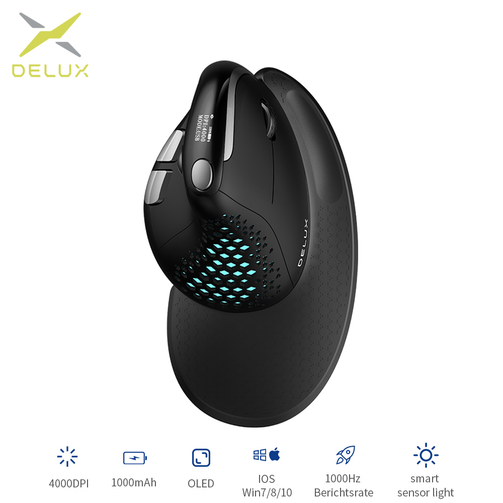 

Delux M618XSD Seeker Ergonomic Vertical Mouse with OLED Screen 4000DPI Rechargeable 1000mA Removable Back Cover For Computerhello