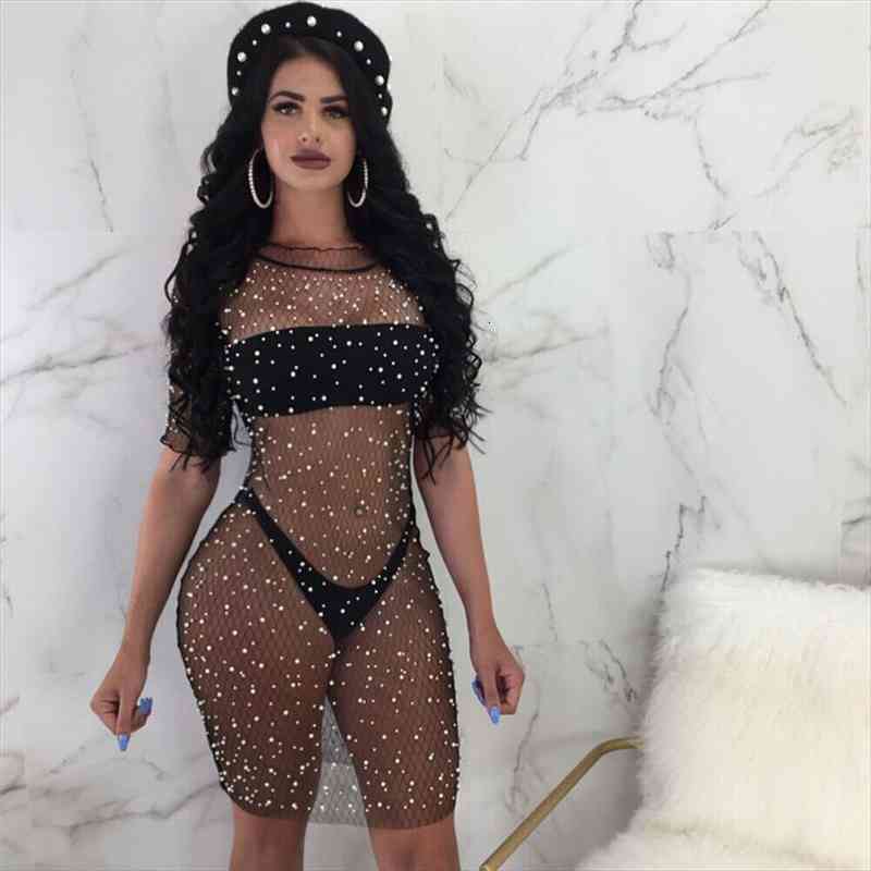

Lace Women Summer Crochet Bikini Cover Up Swimwear Beach Dress Pearl Mesh Bodycon Sexy See Through Dress, Black;gray